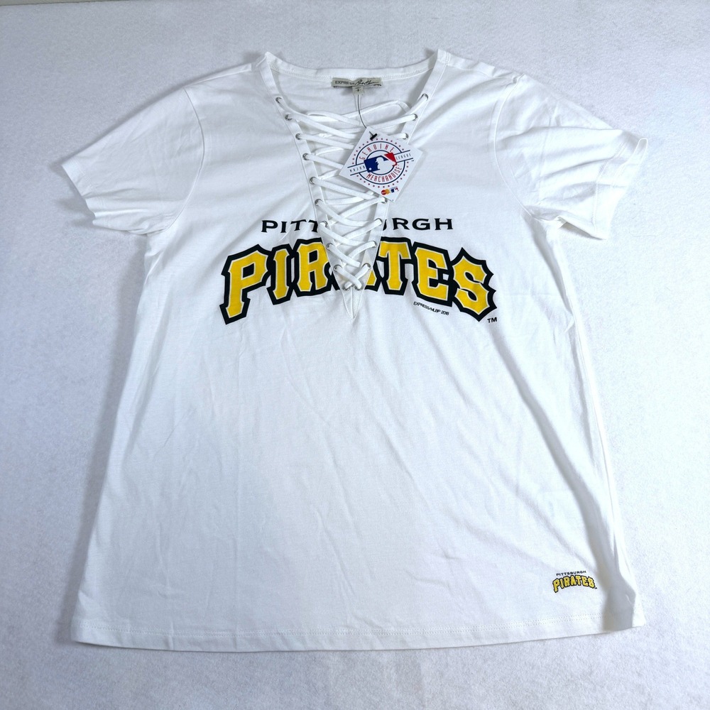 Express Pittsburgh Pirates T-Shirt Lace Up V-Neck Small White Women MLB Baseball